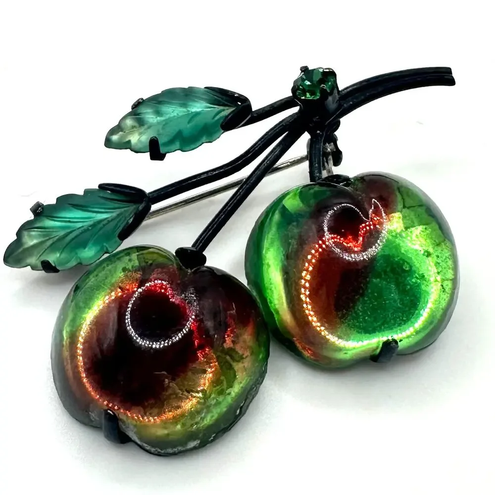 Vintage black japanned gunmetal green red fruits art glass leaves brooch